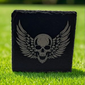 Handcrafted Winged Skull Slate Coaster - Biker Tattoo Art Decor