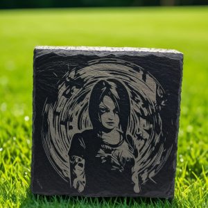 Handcrafted Alternative Art Female Portrait Slate Coaster - Gothic Swirl Design