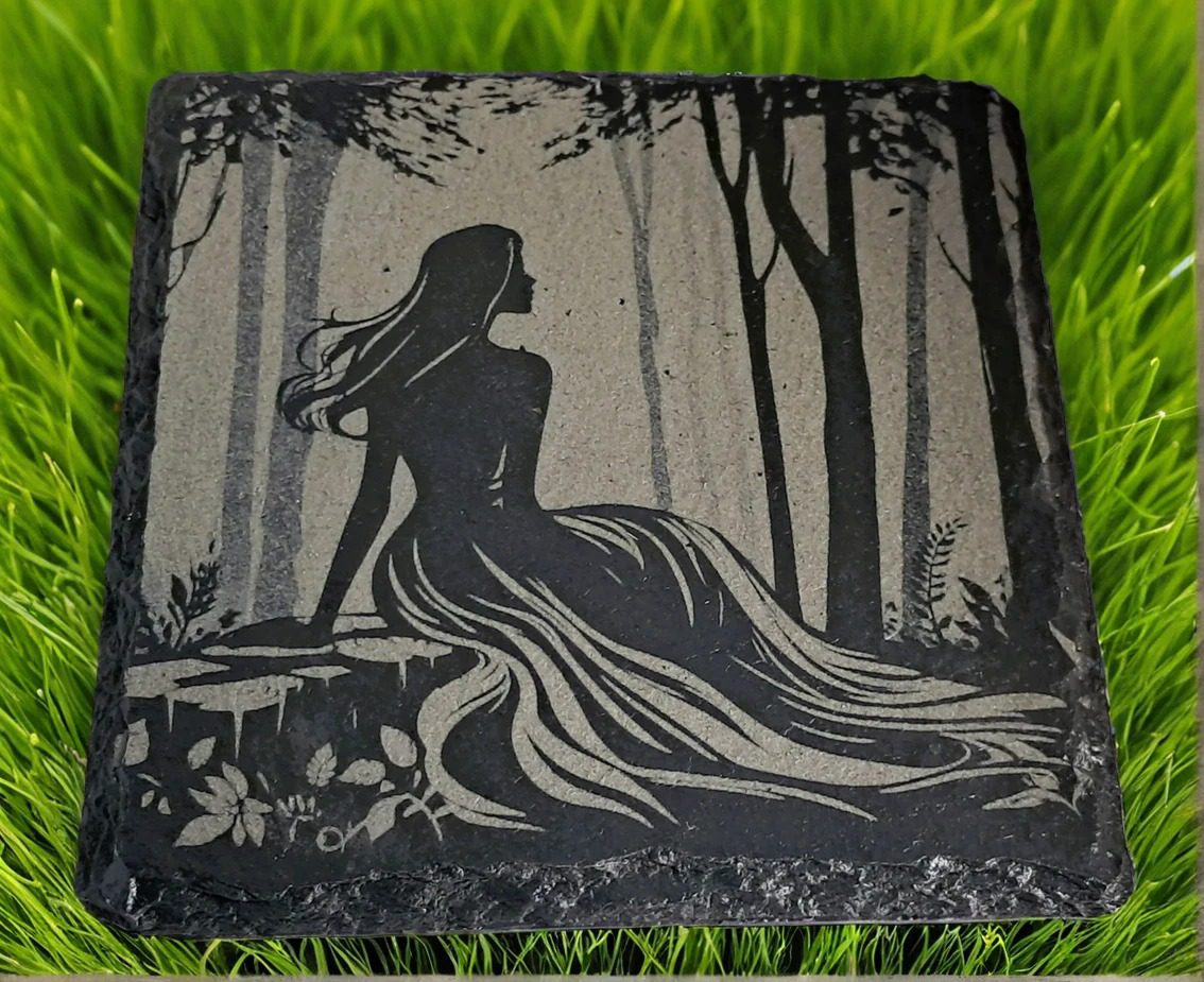 Handcrafted Forest Maiden Slate Coaster - Elegant Woodland Art Drink Mat