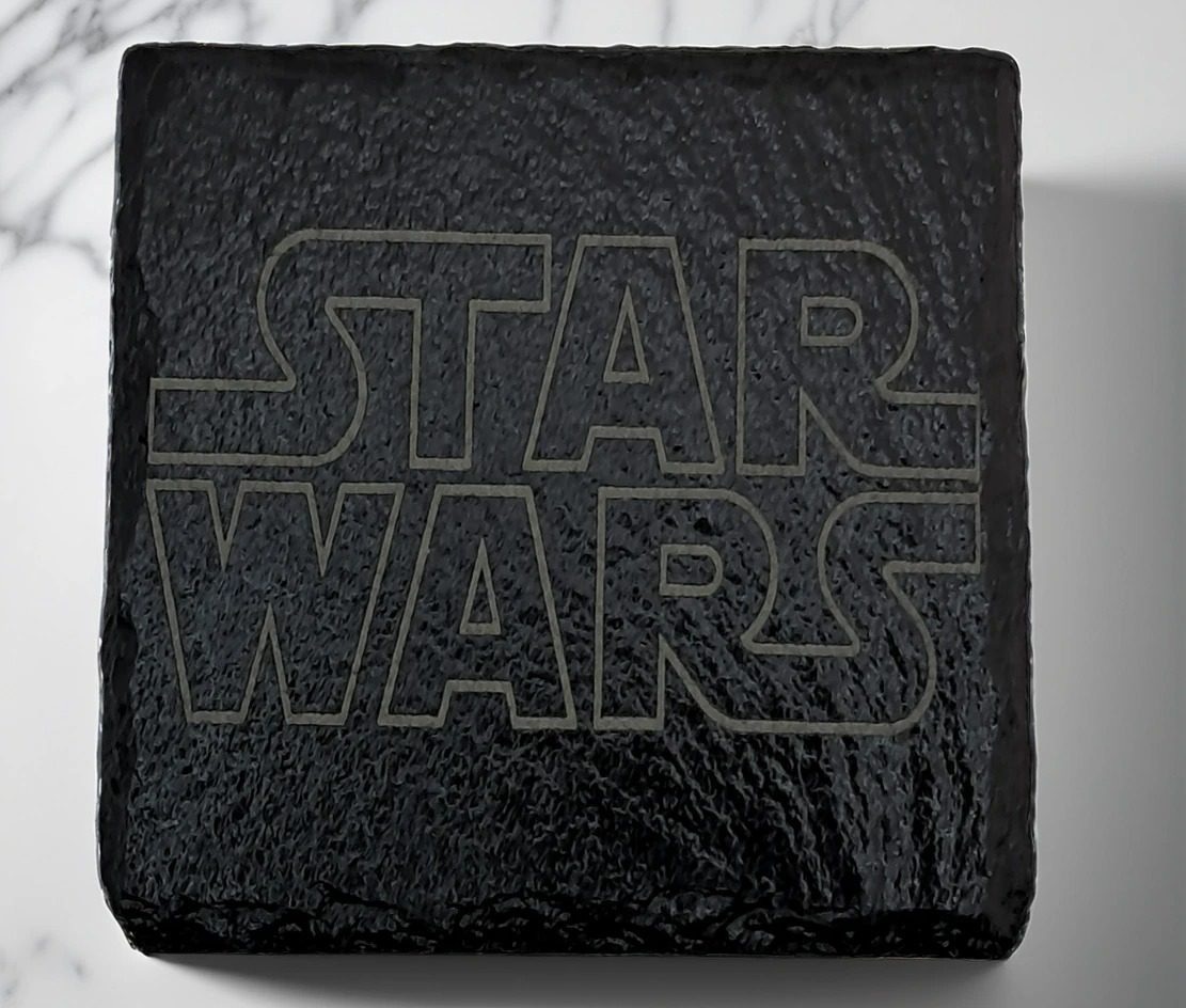 Handcrafted Engraved Square Slate Coaster - STAR WARS Classic Logo Art - Sci-Fi Fan Gift