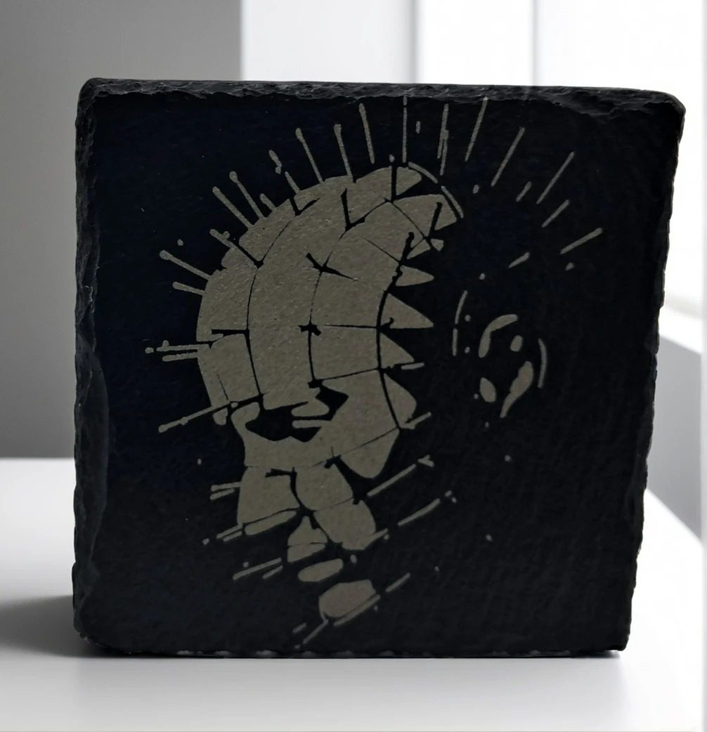 Handcrafted Engraved Square Slate Coaster - Pinhead Hellraiser Cenobite Art - Horror Fan Gift