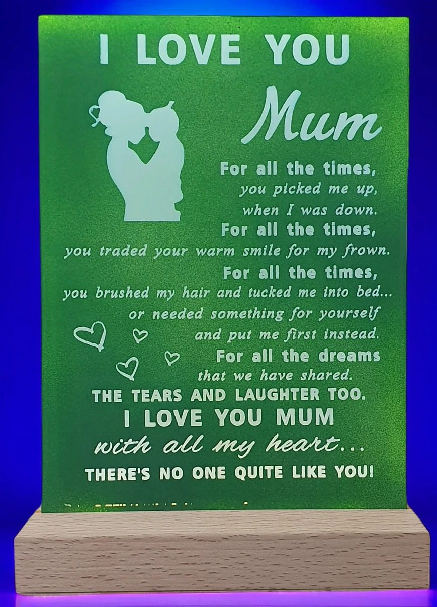 Handmade A6 Acrylic "I Love You Mum" Poem LED Plaque - USB Mother's Day Gift