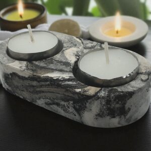 Handcrafted Marbled Grey Eco Resin Double Tealight Holder - Modern Minimalist Decor