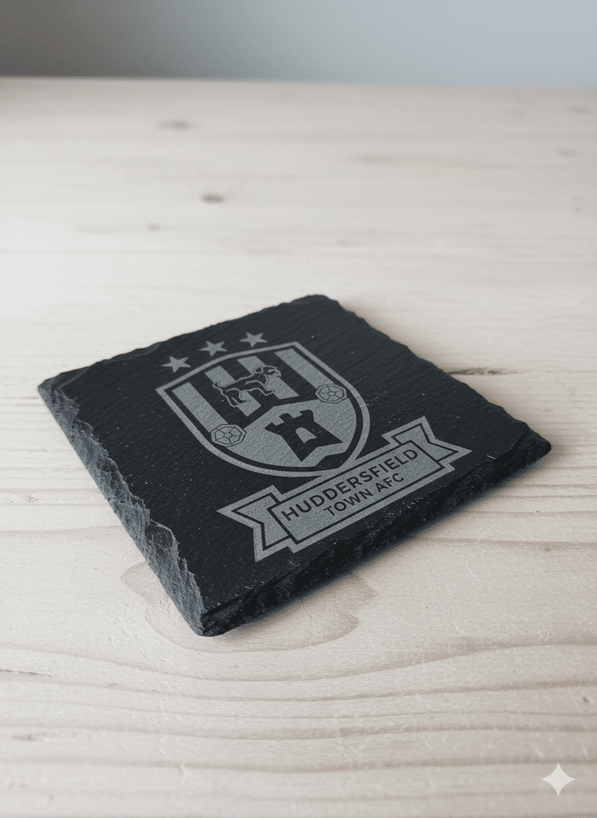 Handcrafted Huddersfield Town AFC Crest Engraved Square Slate Coaster