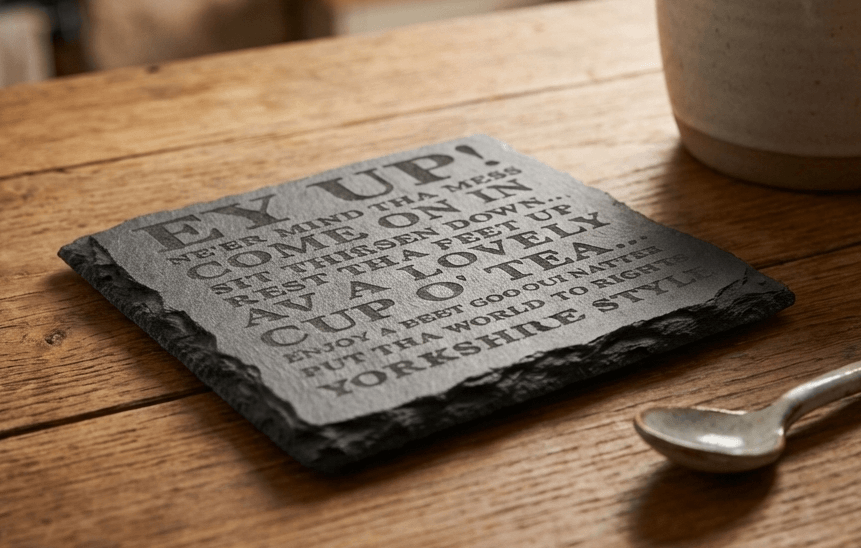 Handcrafted "Ey Up" Yorkshire Style Engraved Slate Coaster