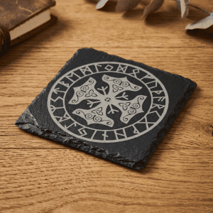Nordic Rune & Sun Cross Slate Coaster – Viking Solar Symbol Decor