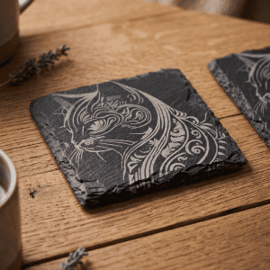 Engraved Slate Cat Coaster - Intricate Feline Mandala Design