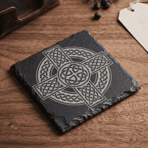 Celtic Cross Engraved Slate Coaster – Intricate Knotwork Drinkware