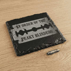 Peaky Blinders Laser-Etched Slate Coaster – Razor Blade Bar Decor