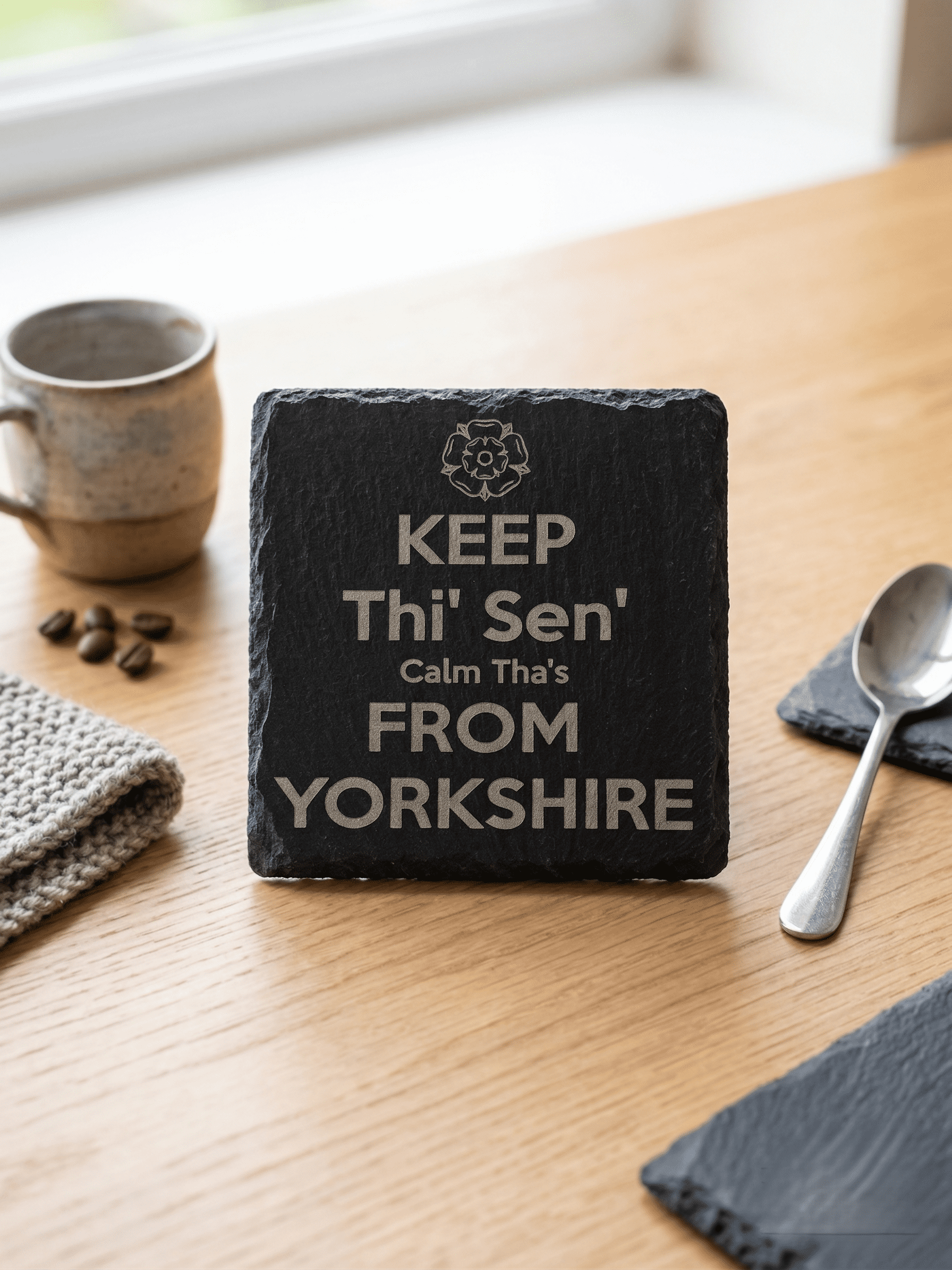 Yorkshire Dialect Engraved Slate Coaster – "Keep Thi' Sen' Calm" Decor