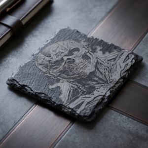 Anatomical Skull Laser Engraved Natural Slate Coaster | Gothic Home Decor