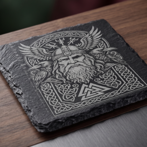 Odin All-Father & Ravens Laser Engraved Natural Slate Coaster | Norse Mythology Decor