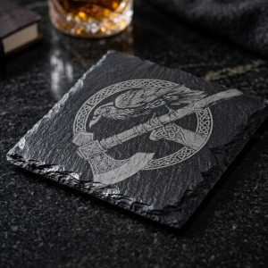 Viking Axe & Raven Laser Engraved Natural Slate Coaster | Nordic Mythology Decor