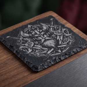 Viking Warrior Sigil Laser Engraved Natural Slate Coaster | Nordic Mythology Decor