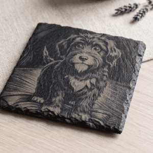 Hand-Engraved Scruffy Puppy Slate Coaster