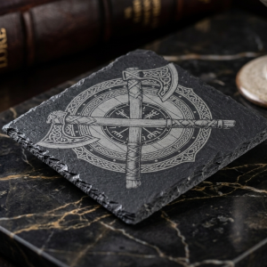 Viking Vegvisir & Crossed Axes Laser Engraved Natural Slate Coaster | Norse Compass Decor