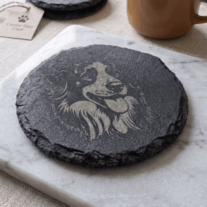 Hand-Engraved Border Collie Round Slate Coaster