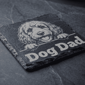 Hand-Engraved "Dog Dad" Peeking Cockapoo Slate Coaster